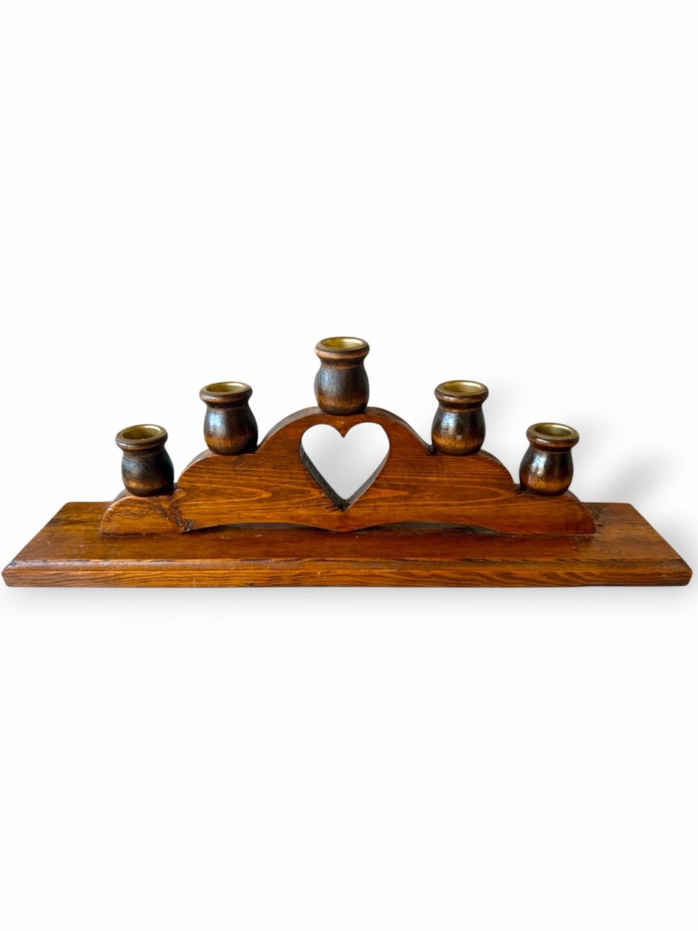 Vintage Wooden Heart Cutout Taper Tabletop Candle Holder Cottagecore Candelabra